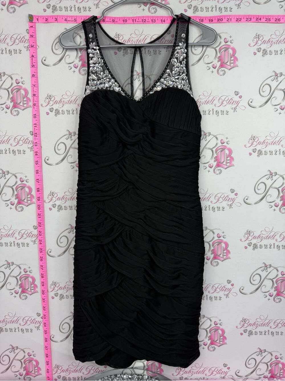 Suzy Shier Black Ruched Cocktail Dress with Crystal Yoke rhinestone jewels